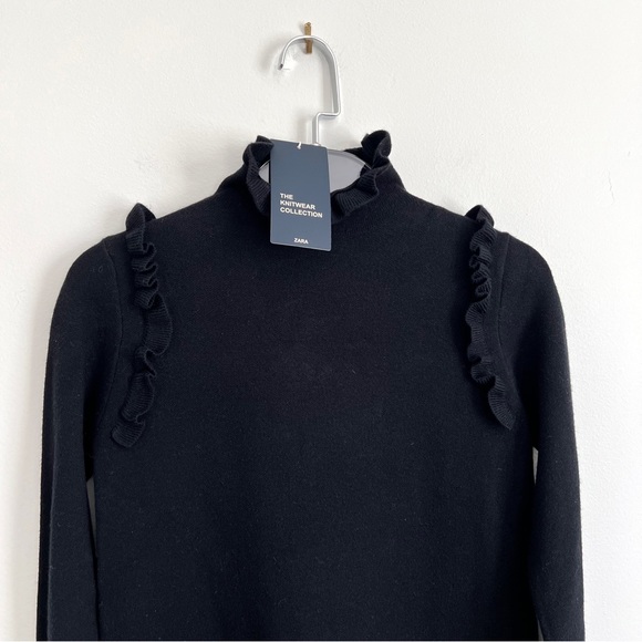 Zara Knit Black Sweater Dress Ruffle Turtleneck High Neck Cozy Medium - Picture 10 of 17